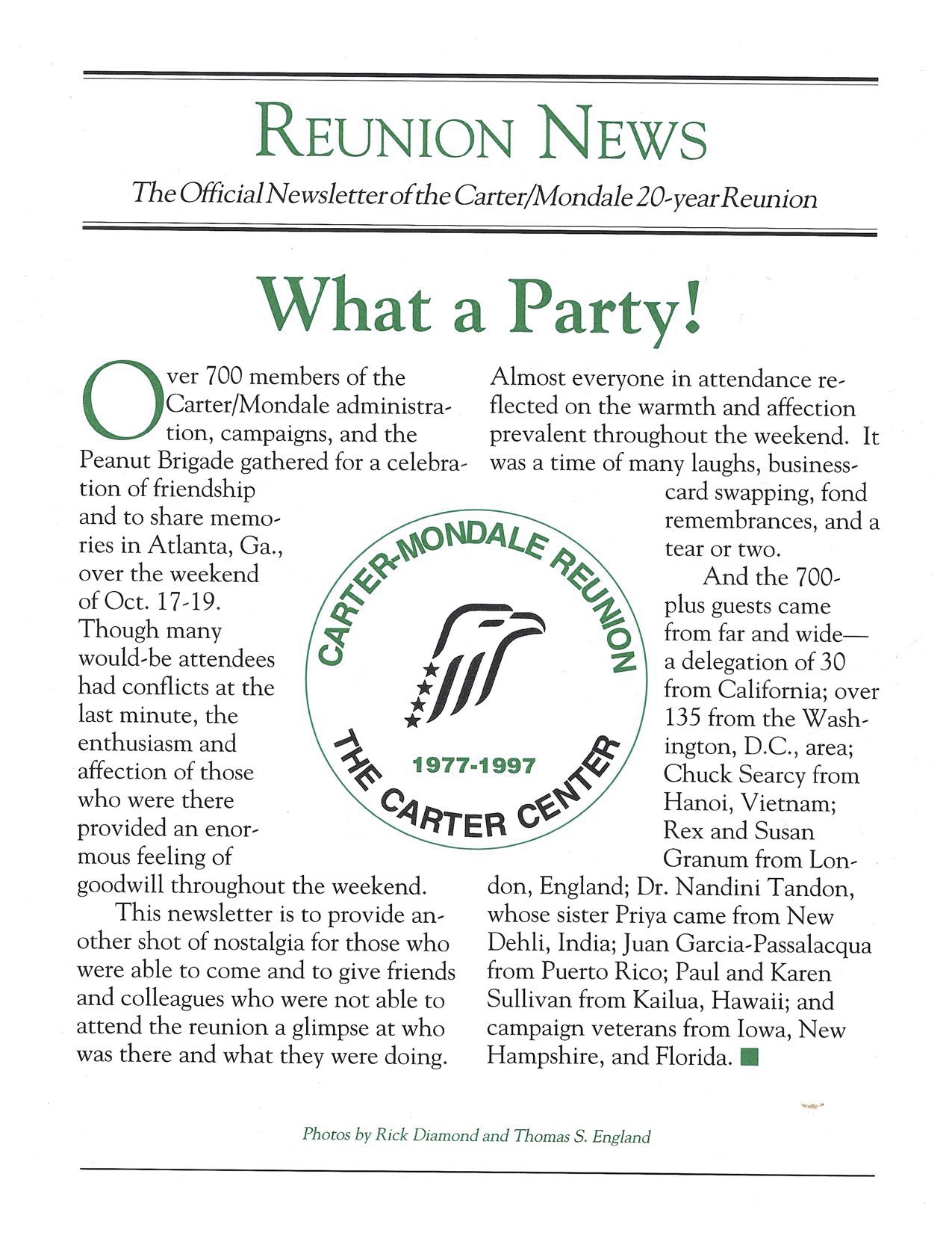 Carter-Mondale 20th Anniversary Reunion Newsletter